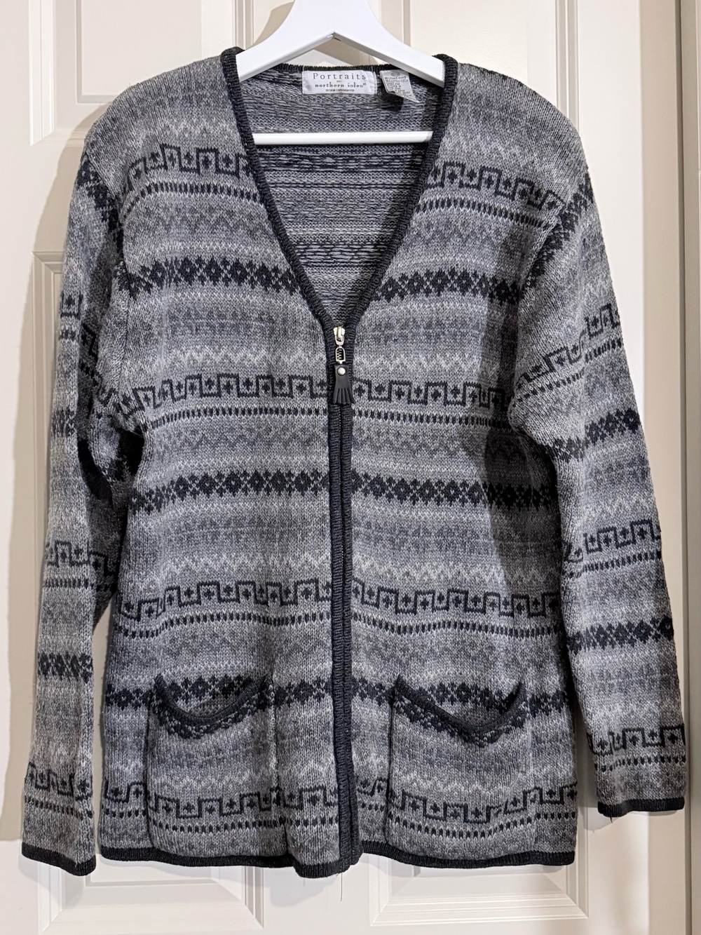 Vintage Portraits by Northern Isles Gray Patterned Zip-Front Cardigan Sweater